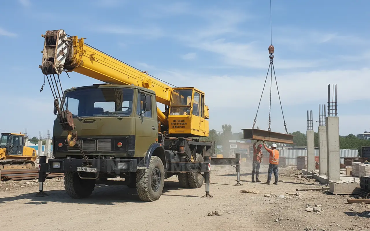 Автокран 14 тонн выполняет монтаж на стройке во Владивостоке