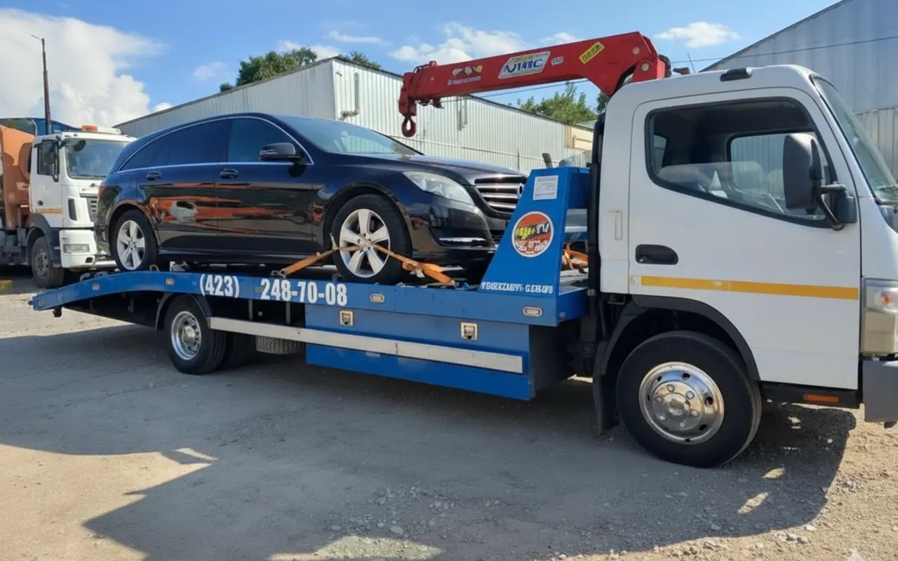 Эвакуатор перевозит автомобиль во Владивостоке